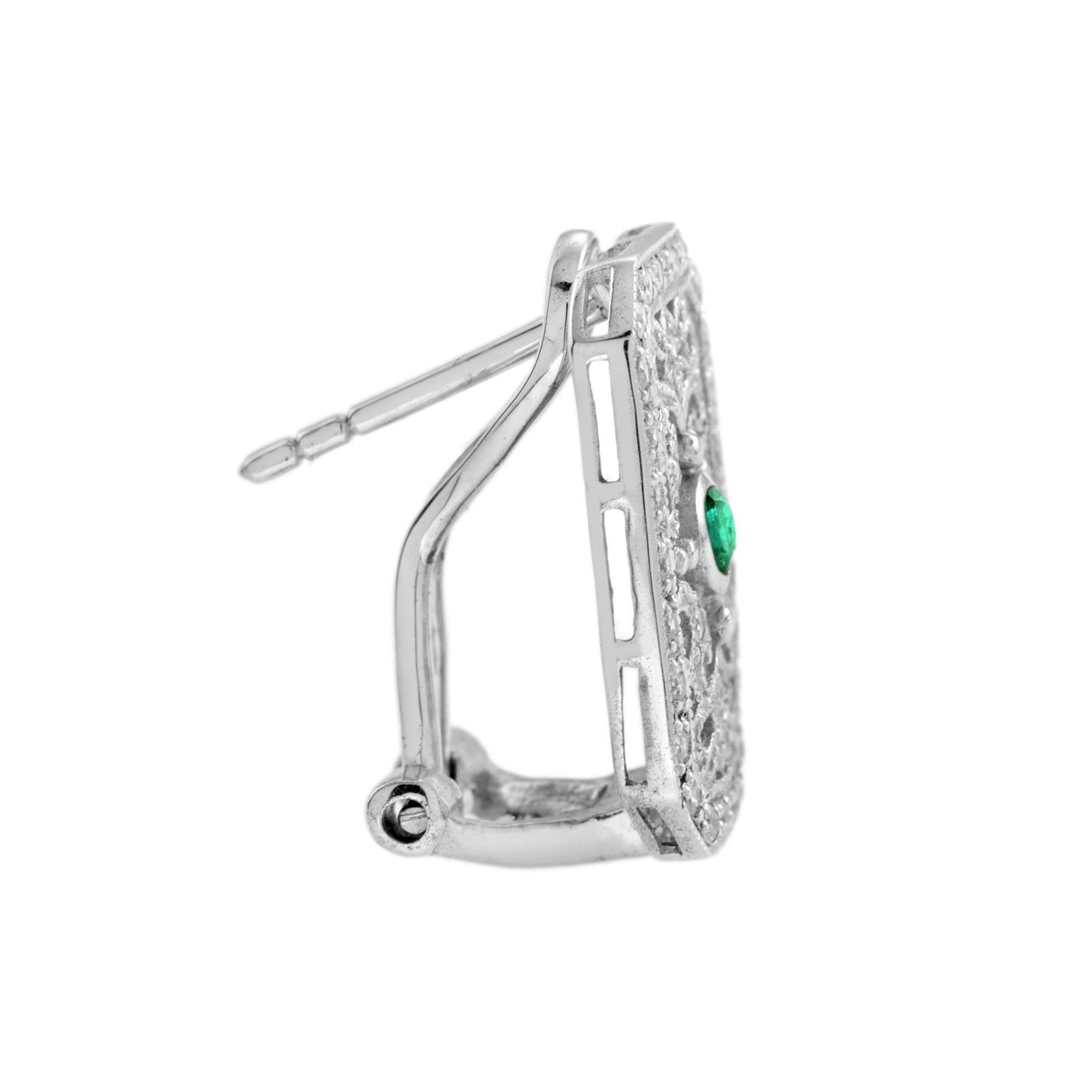 emerald & diamond edwardian inspired vintage style filigree white gold earrings