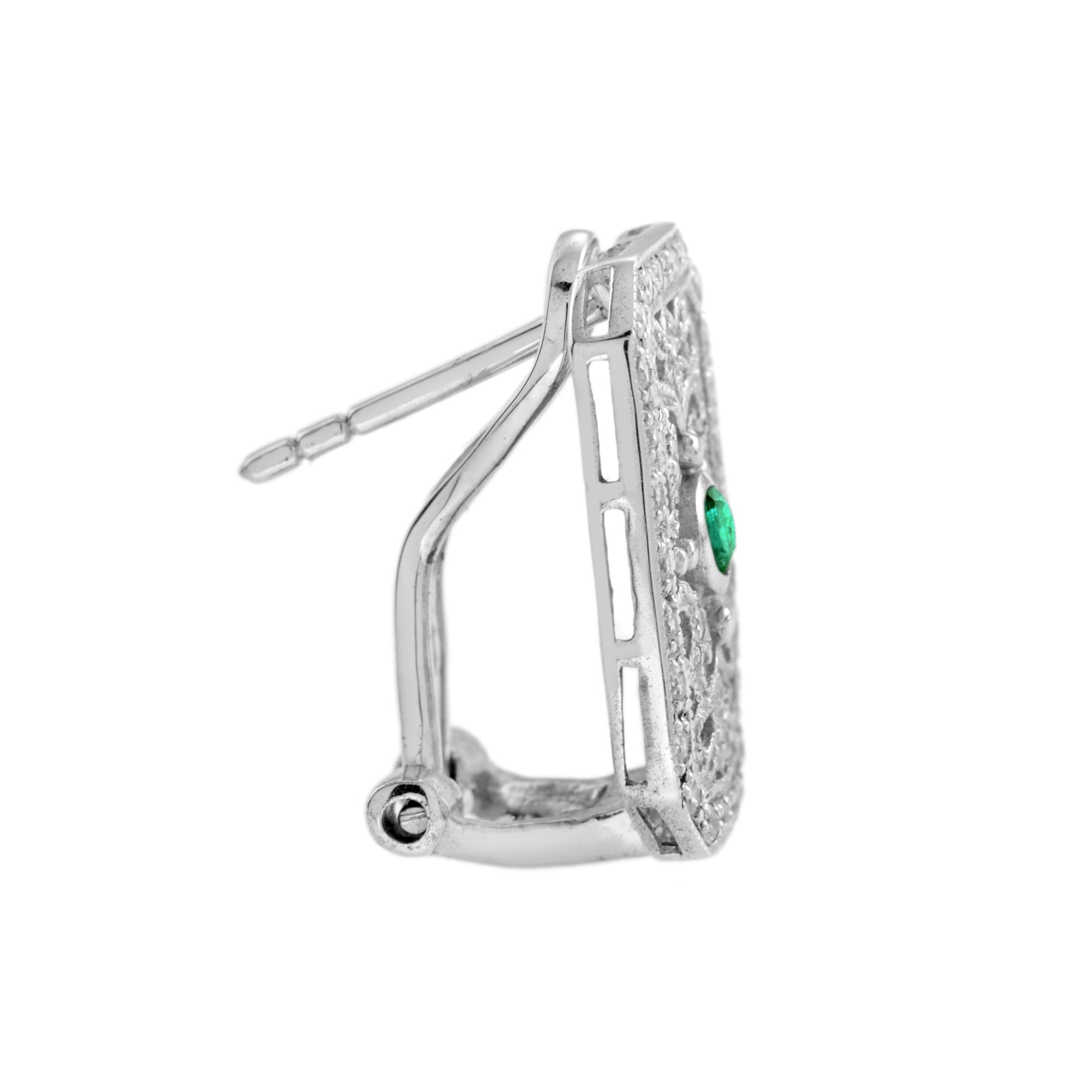 Emerald & Diamond Edwardian Inspired Vintage Style Filigree White Gold Earrings