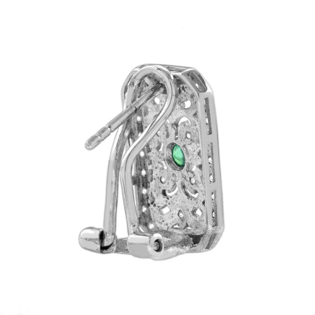 Emerald & Diamond Edwardian Inspired Vintage Style Filigree White Gold Earrings