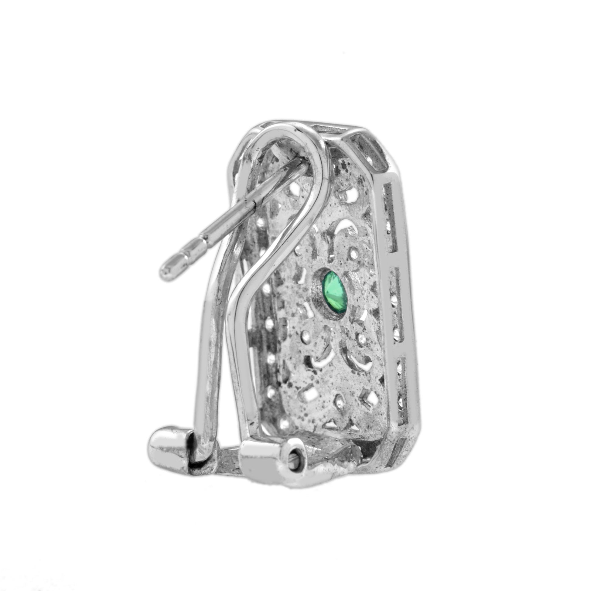 Emerald & Diamond Edwardian Inspired Vintage Style Filigree White Gold Earrings