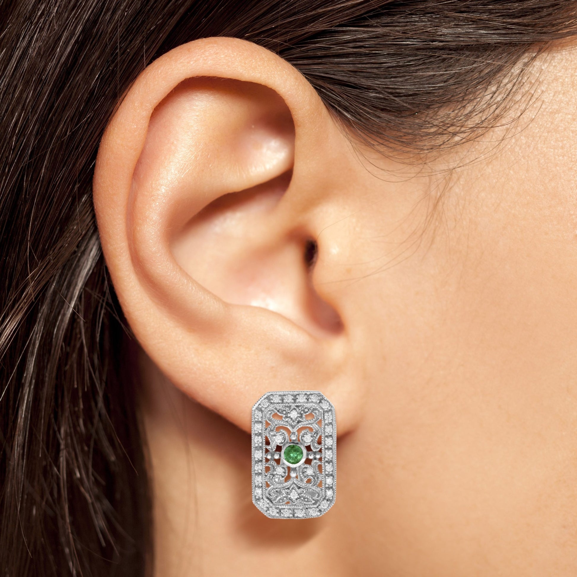 Emerald & Diamond Edwardian Inspired Vintage Style Filigree White Gold Earrings