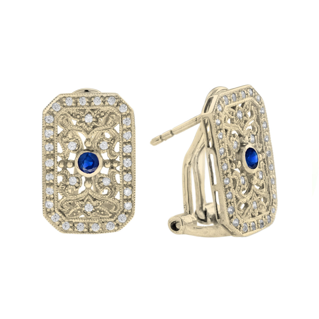 Blue Sapphire & Diamond Vintage Style Filigree 14K Yellow Gold Earrings