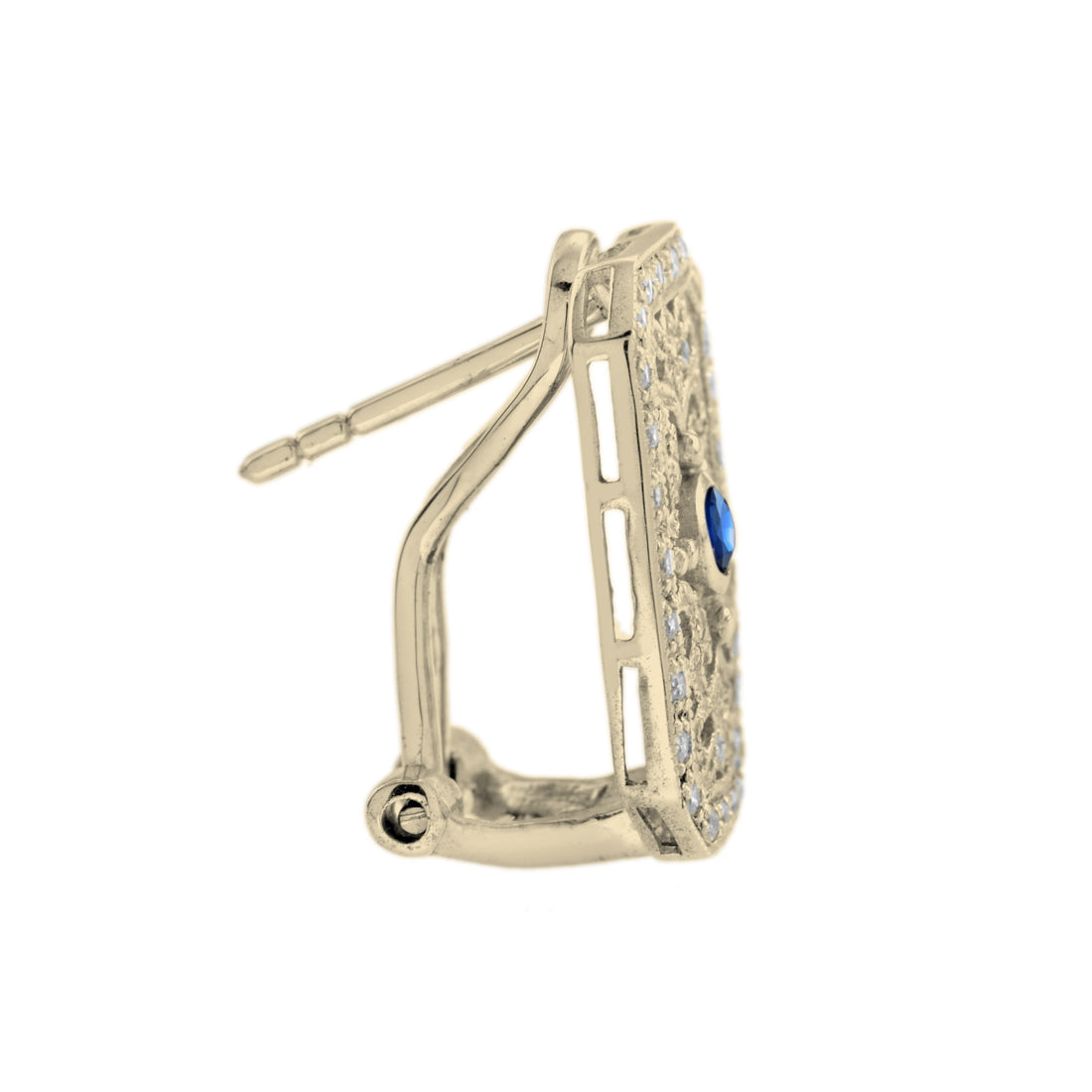Blue Sapphire &amp; Diamond Vintage Style Filigree 14K Yellow Gold Earrings
