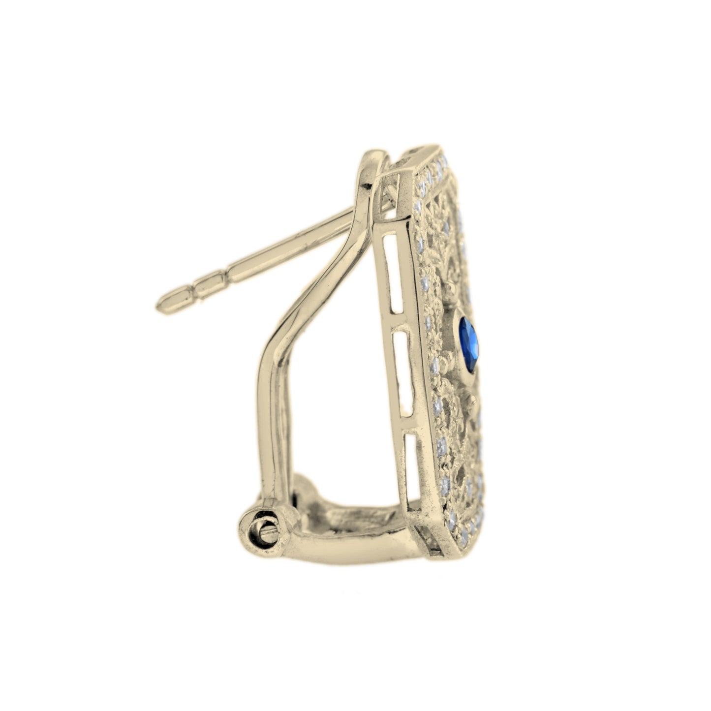 blue sapphire & diamond vintage style filigree 14k yellow gold earrings