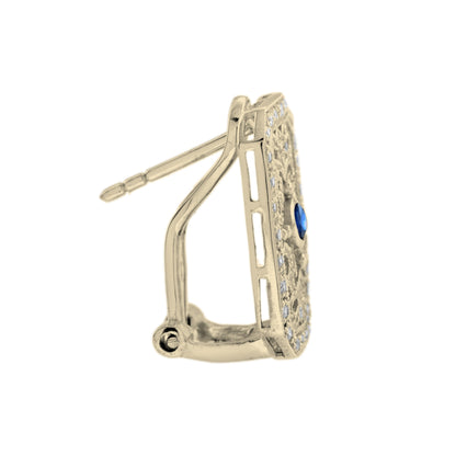 Blue Sapphire & Diamond Vintage Style Filigree 14K Yellow Gold Earrings