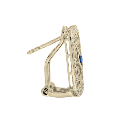 Blue Sapphire & Diamond Vintage Style Filigree 14K Yellow Gold Earrings