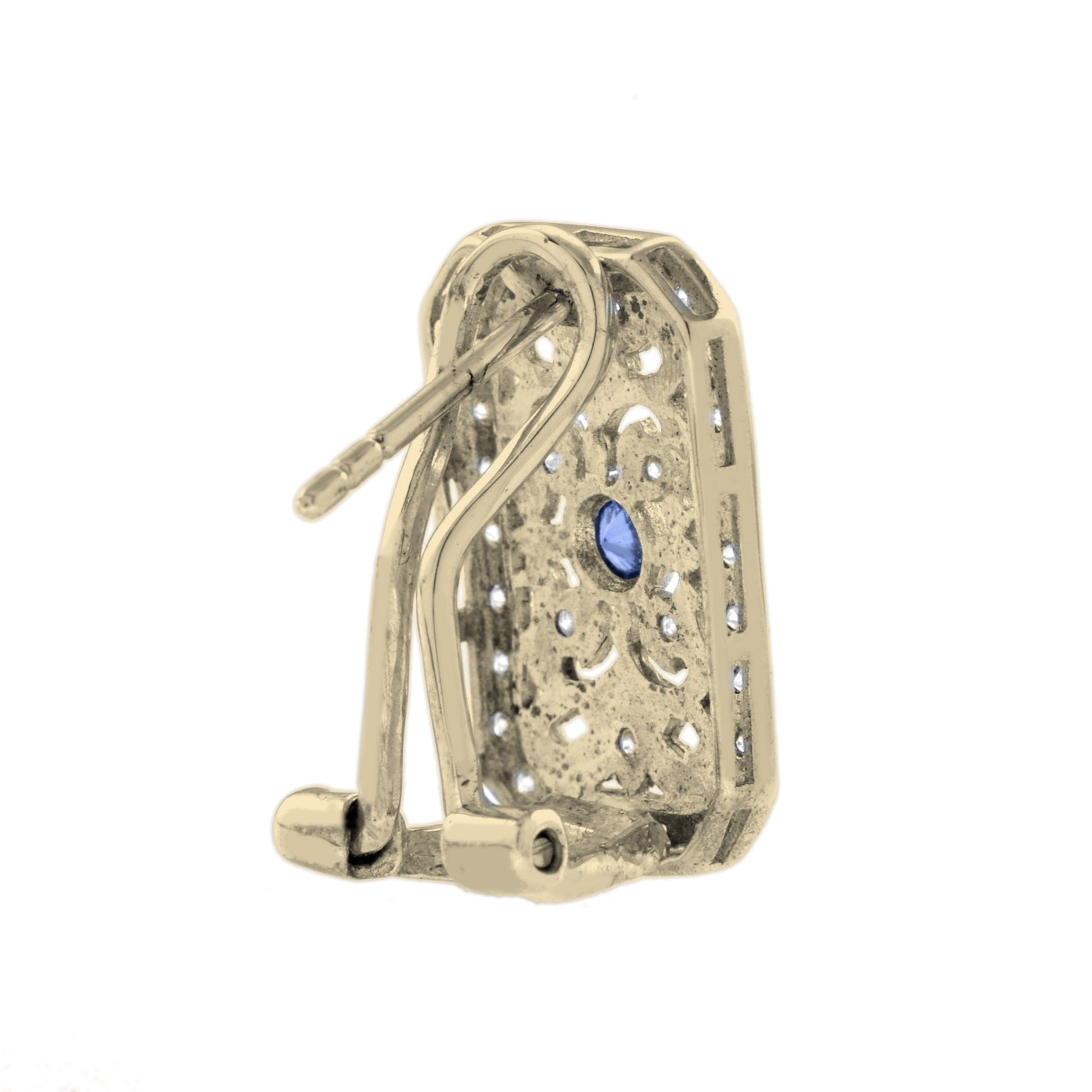 Blue Sapphire & Diamond Vintage Style Filigree 14K Yellow Gold Earrings