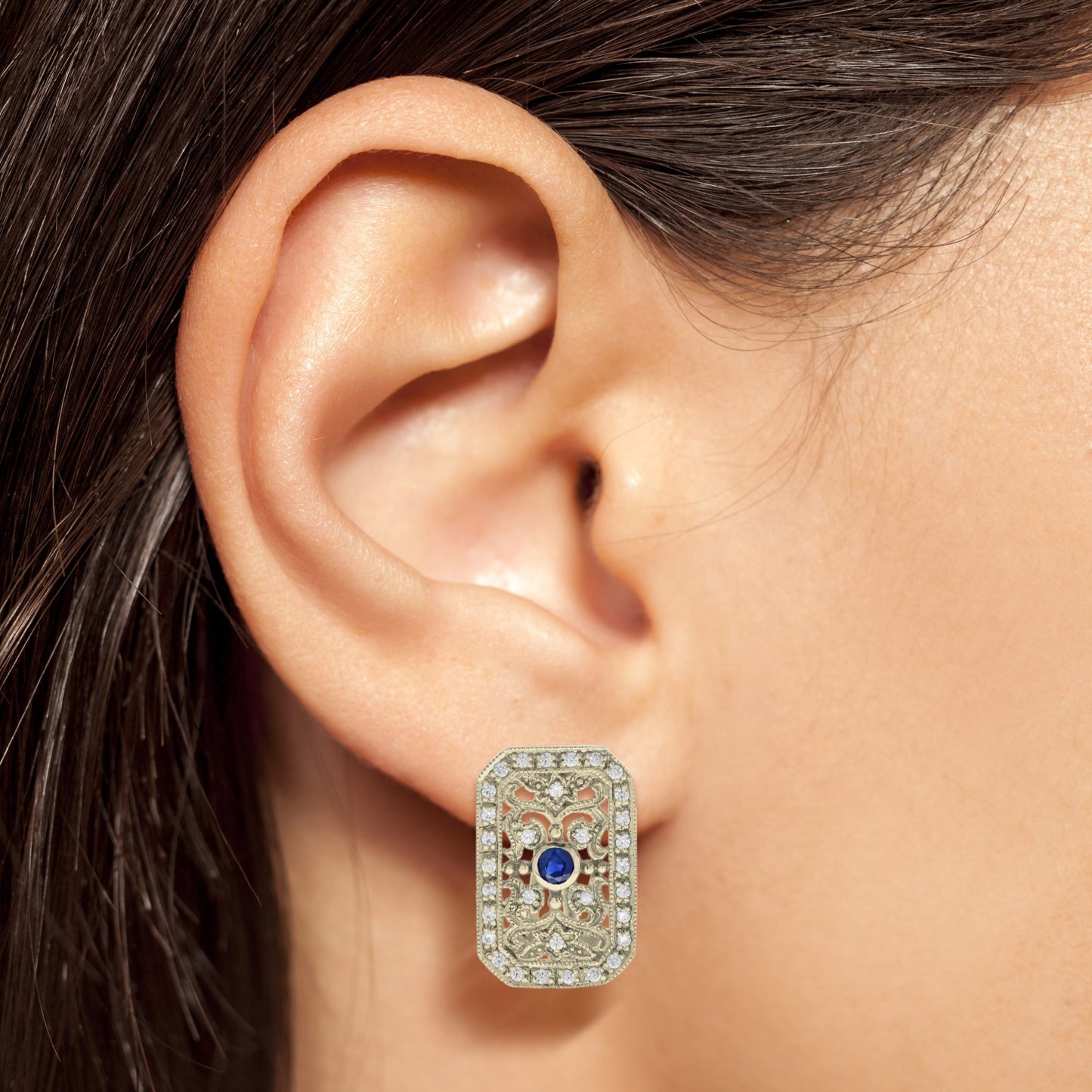 blue sapphire & diamond vintage style filigree 14k yellow gold earrings