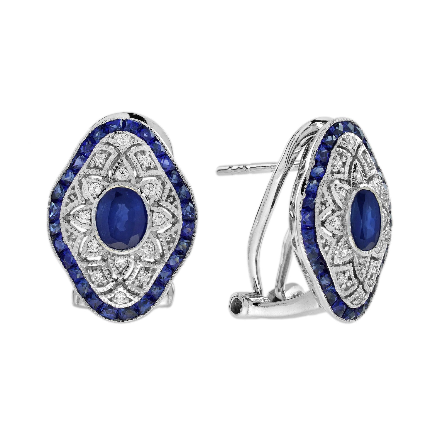 Blue Sapphire Diamond Art Deco Style Openwork Ring &amp; Earrings Jewelry Gold Set