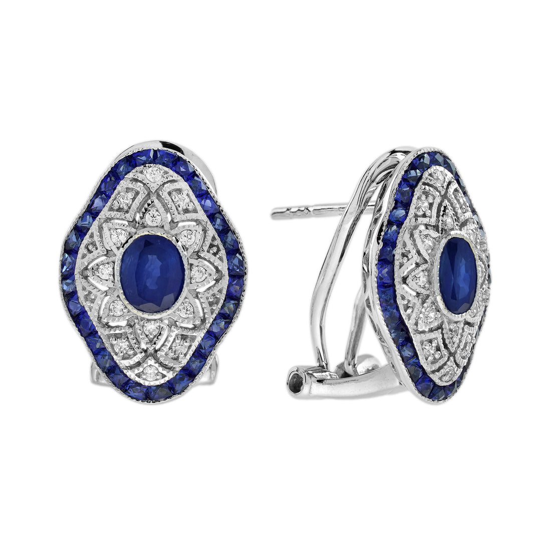Blue Sapphire & Diamond Vintage Inspired Art Deco Style Openwork Gold Earrings