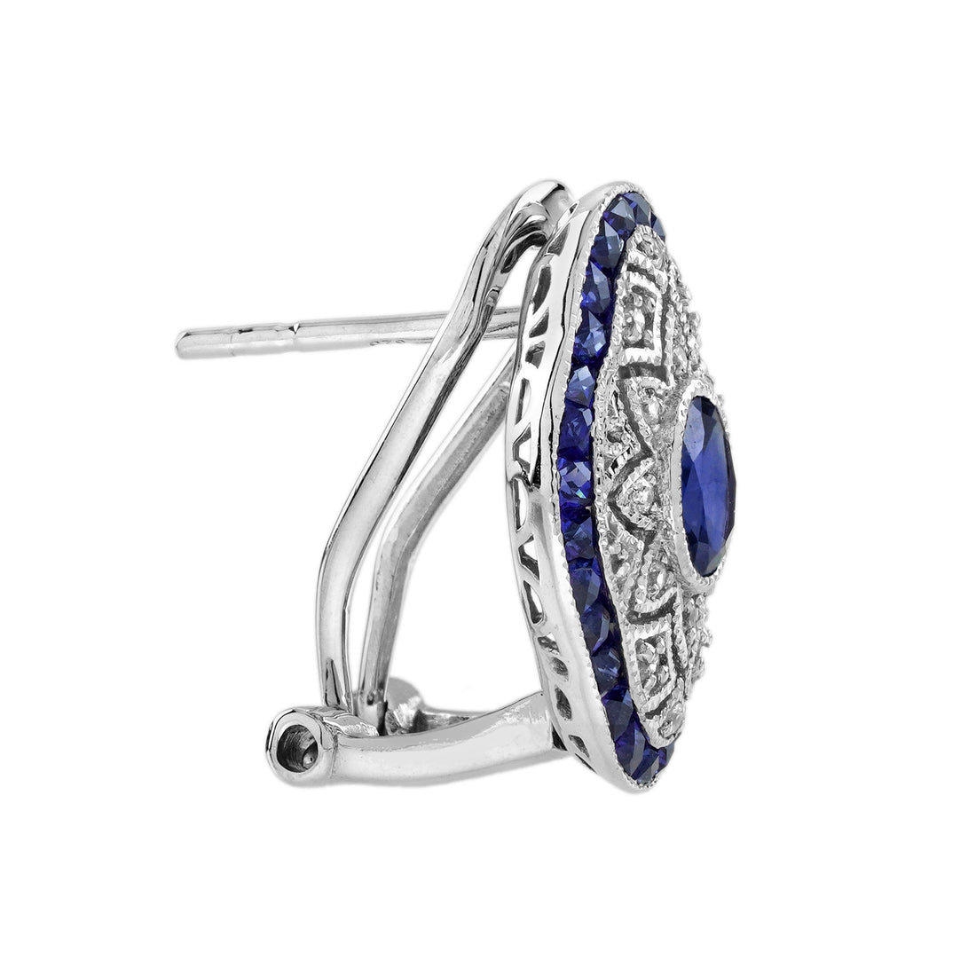 Blue Sapphire &amp; Diamond Vintage Inspired Art Deco Style Openwork Gold Earrings