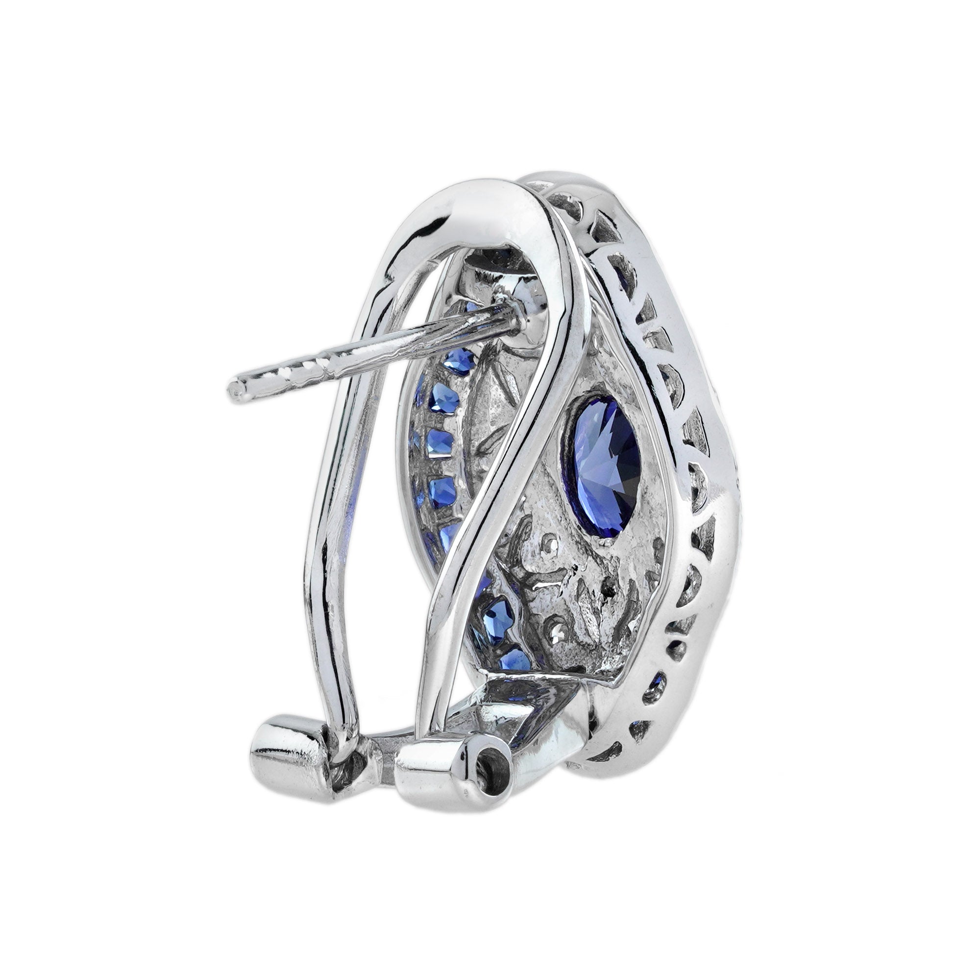 3.10 ctw Vintage Inspired Art Deco Style Blue Sapphire & Diamond 18K White Gold Openwork Earrings