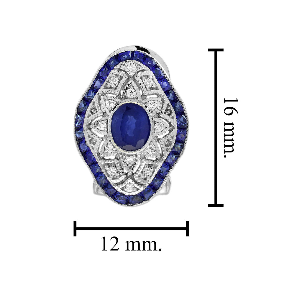 Blue Sapphire Diamond Art Deco Style Openwork Ring & Earrings Jewelry Gold Set
