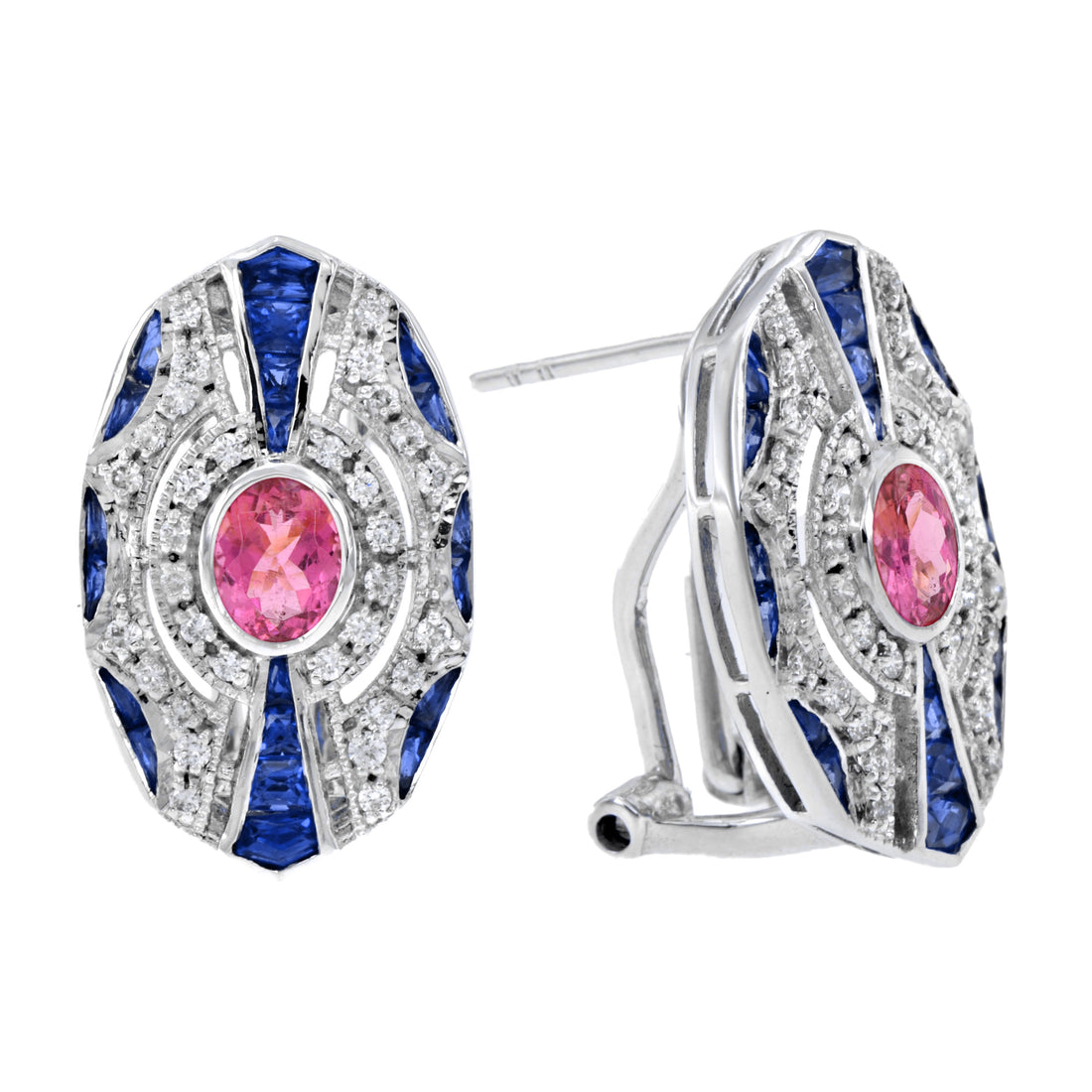Pink Tourmaline &amp; Blue Sapphire and Diamonds Omega White Gold Earrings