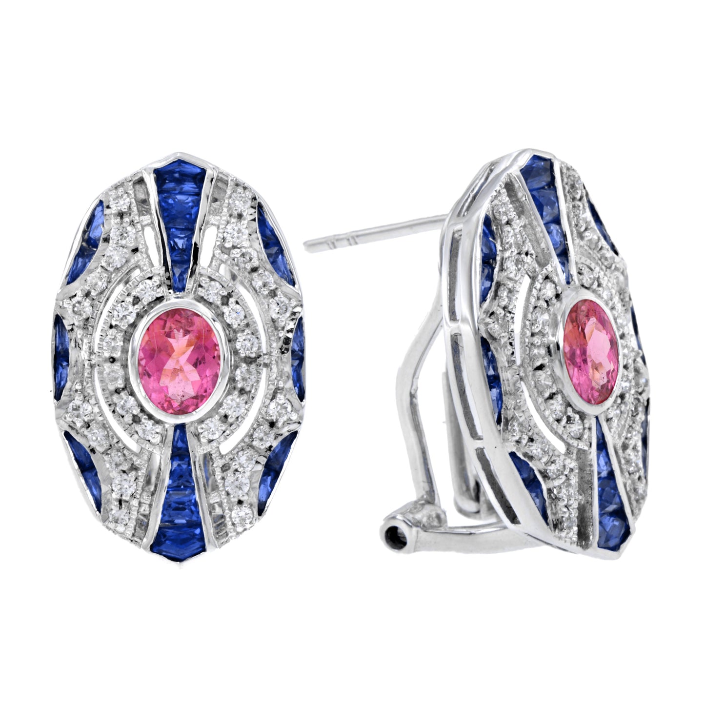 pink tourmaline & blue sapphire and diamonds omega white gold earrings