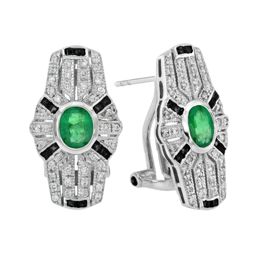 Art Deco Style Emerald &amp; Onyx and Diamond Shield Shape 14K White Gold Earrings