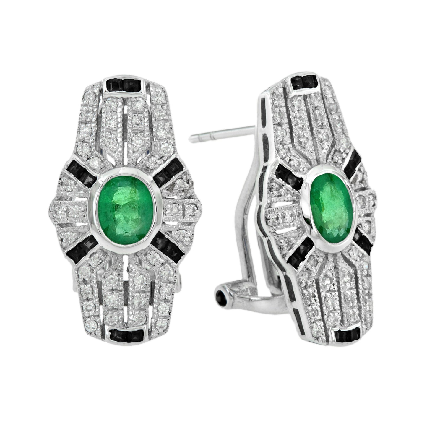 art deco style emerald & onyx and diamond shield shape 14k white gold earrings