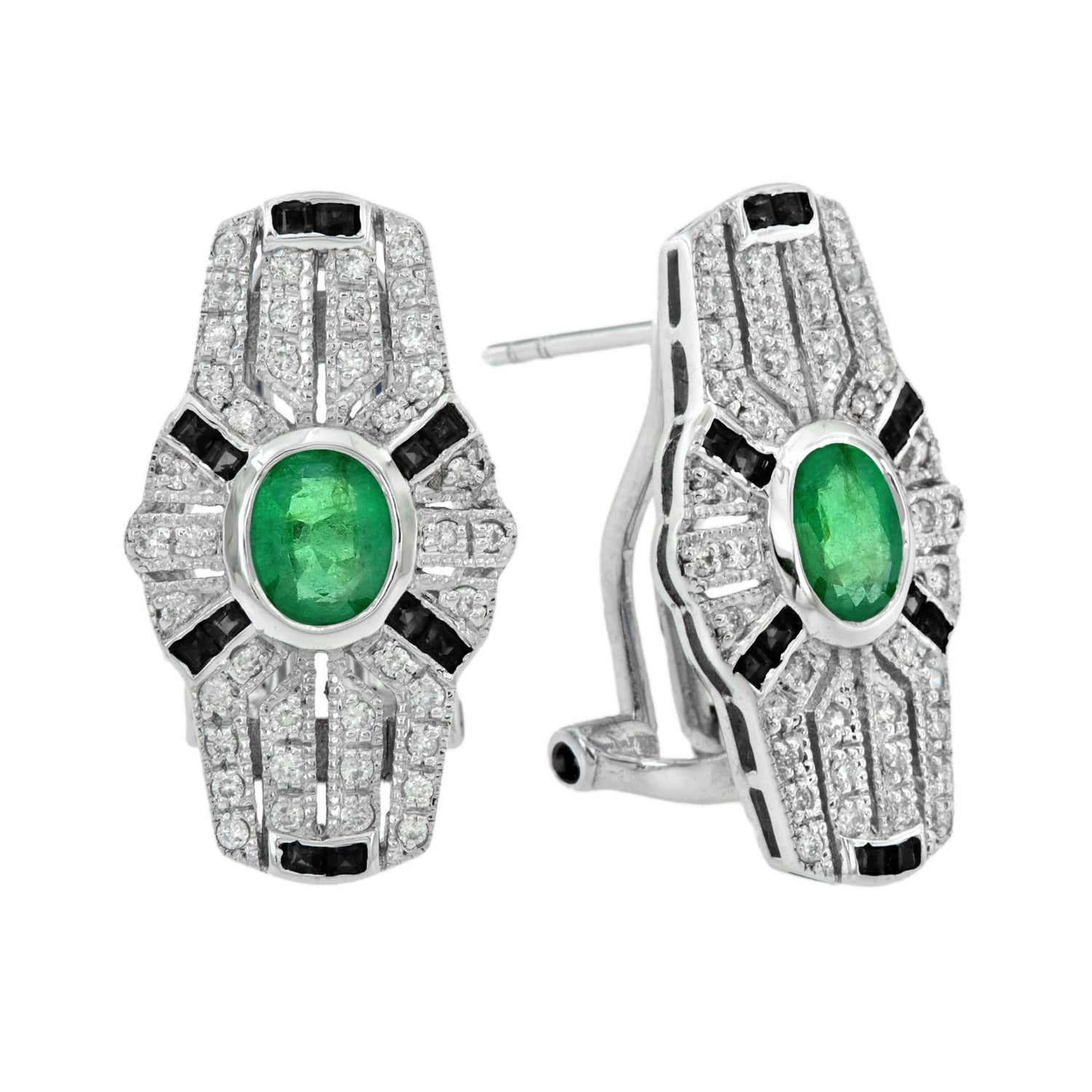 Art Deco Style Emerald &amp; Onyx and Diamond Shield Shape 14K White Gold Earrings