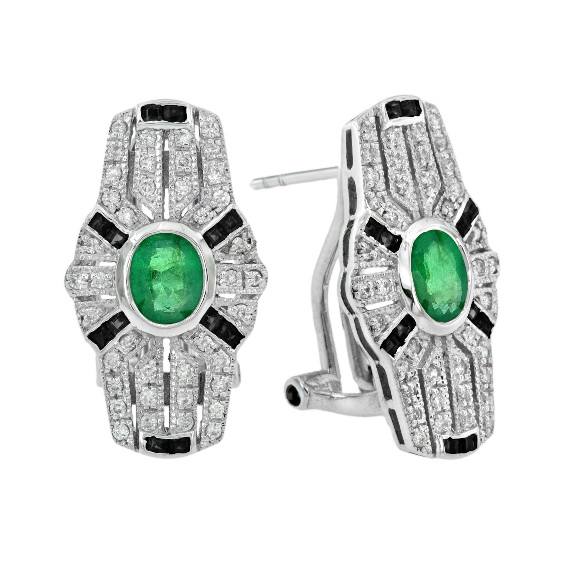 Art Deco Style Emerald & Onyx and Diamond Shield Shape 14K White Gold Earrings