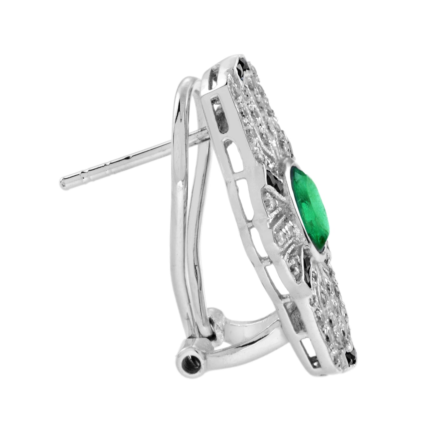 art deco style emerald & onyx and diamond shield shape 14k white gold earrings
