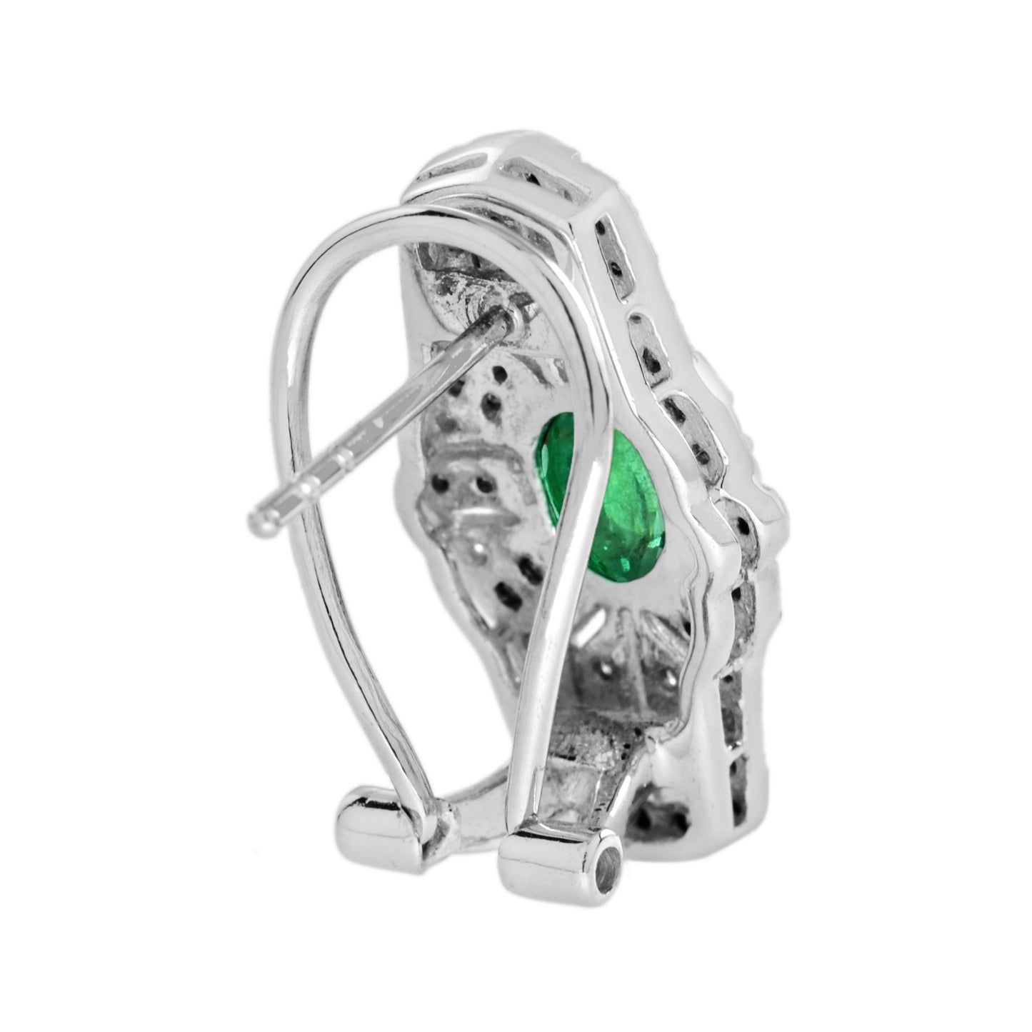 art deco style emerald & onyx and diamond shield shape 14k white gold earrings