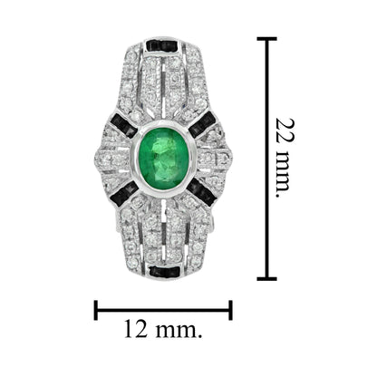 Art Deco Style Emerald & Onyx and Diamond Shield Shape 14K White Gold Earrings