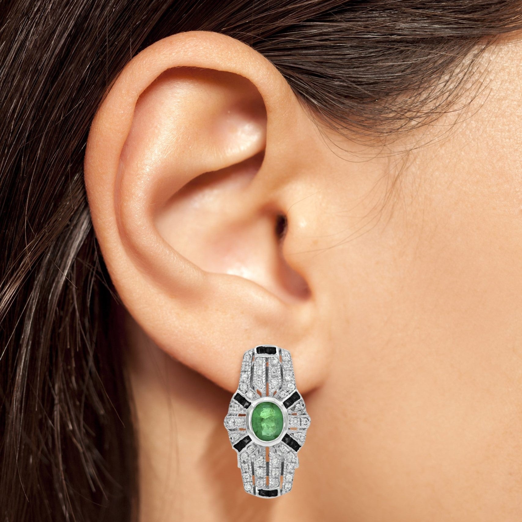 Art Deco Style Emerald & Onyx and Diamond Shield Shape 14K White Gold Earrings