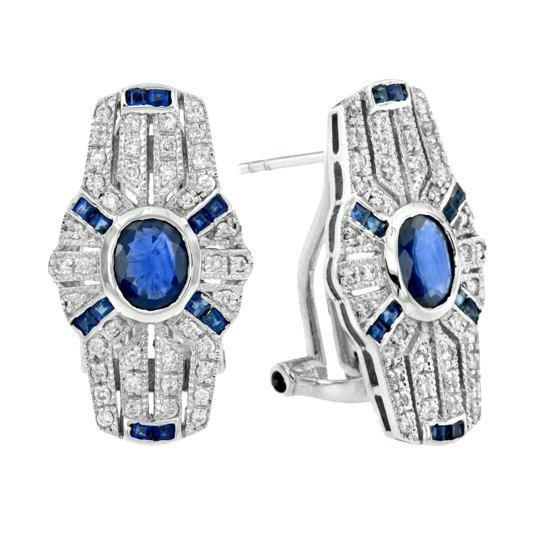Oval Cut Blue Sapphire & Diamond Art Deco Style Omega 14K White Gold Earrings