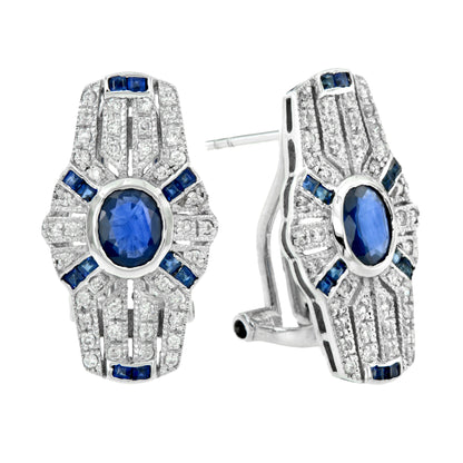 Oval Cut Blue Sapphire &amp; Diamond Art Deco Style Omega 14K White Gold Earrings