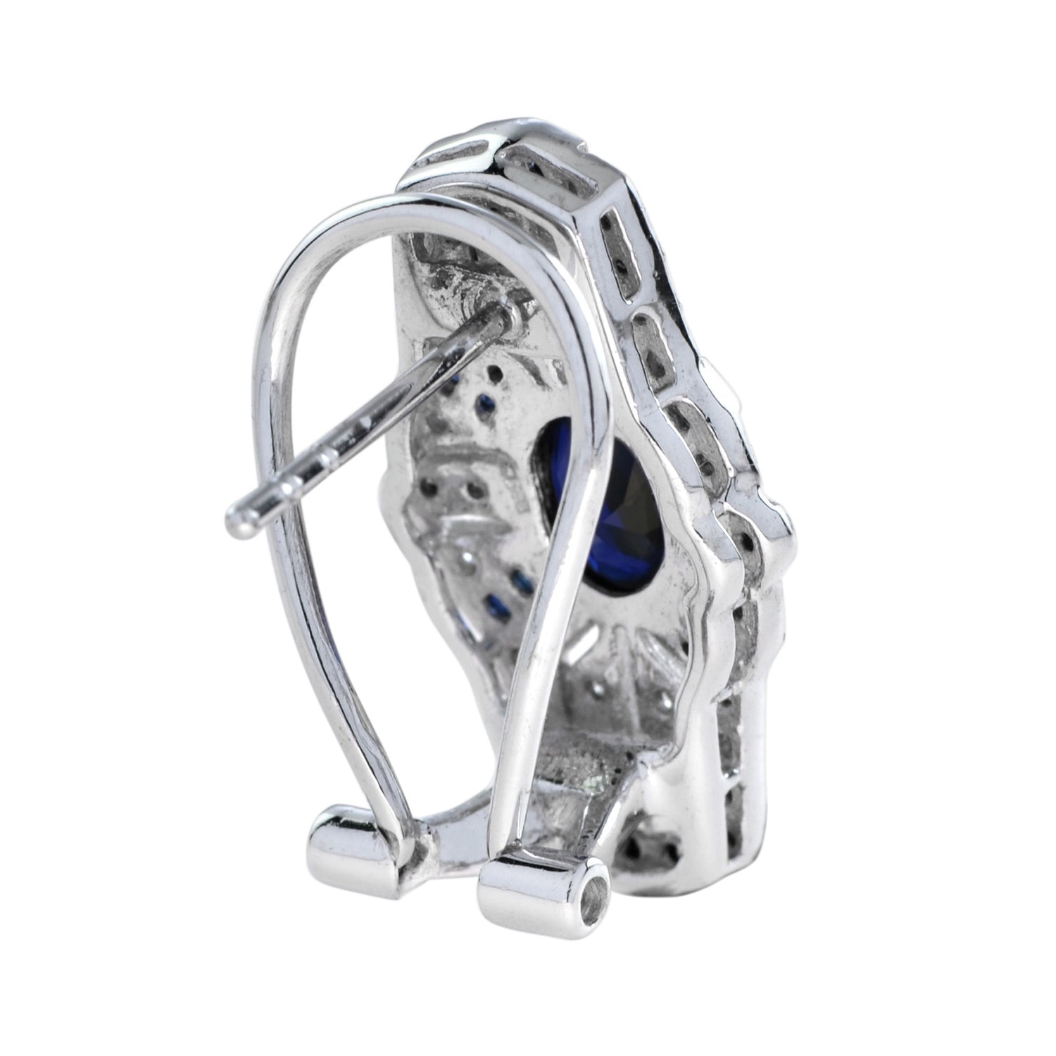 Oval Cut Blue Sapphire &amp; Diamond Art Deco Style Omega 14K White Gold Earrings