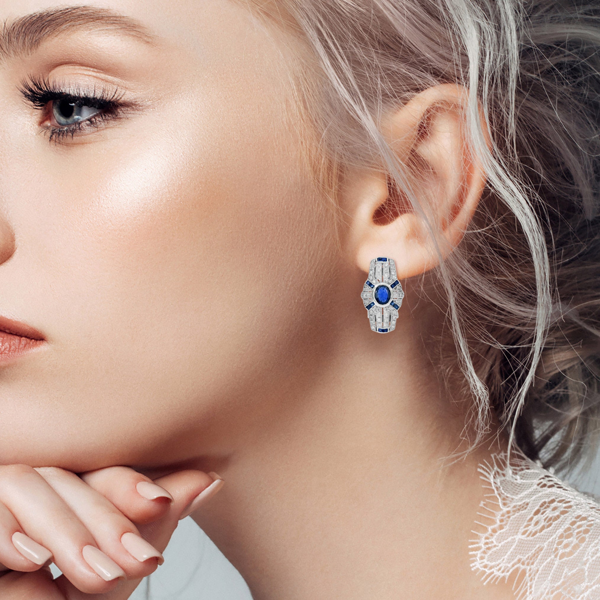 Oval Cut Blue Sapphire &amp; Diamond Art Deco Style Omega 14K White Gold Earrings