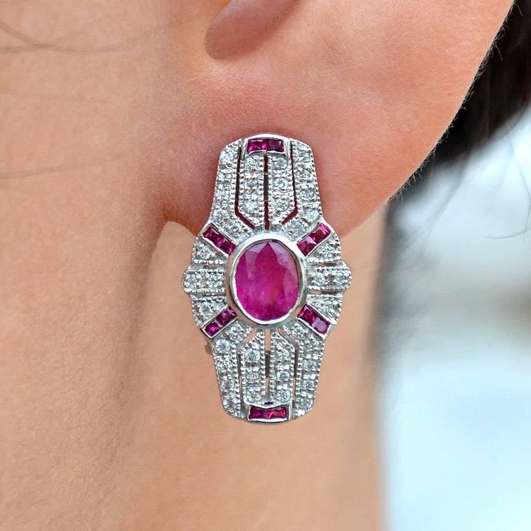 oval red pink ruby & diamond art deco style omega back 14k white gold earrings