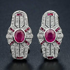 Oval Red Pink Ruby & Diamond Art Deco Style Omega Back 14K White Gold Earrings