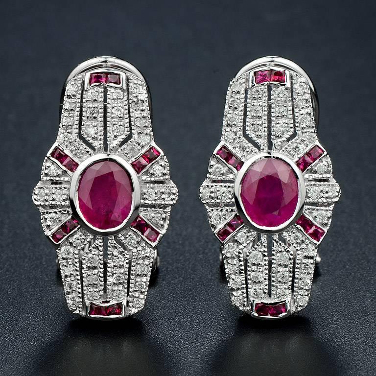 Oval Red Pink Ruby & Diamond Art Deco Style Omega Back 14K White Gold Earrings