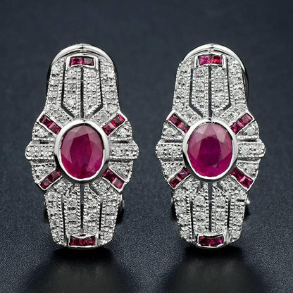 Oval Red Pink Ruby & Diamond Art Deco Style Omega Back 14K White Gold Earrings