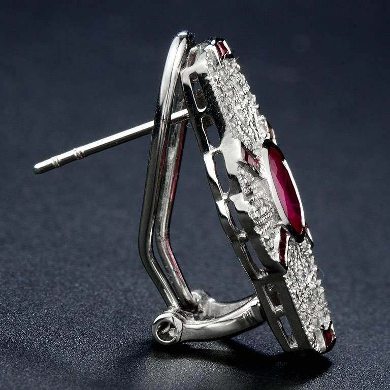 Oval Red Pink Ruby & Diamond Art Deco Style Omega Back 14K White Gold Earrings