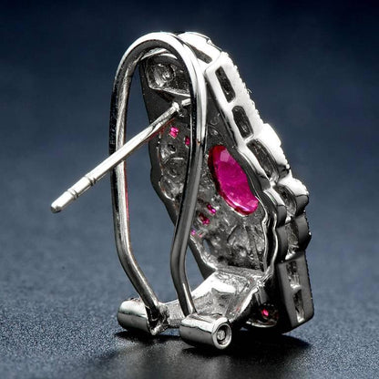 Oval Red Pink Ruby & Diamond Art Deco Style Omega Back 14K White Gold Earrings