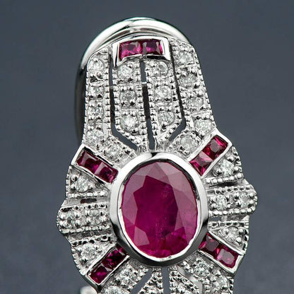 Oval Red Pink Ruby & Diamond Art Deco Style Omega Back 14K White Gold Earrings