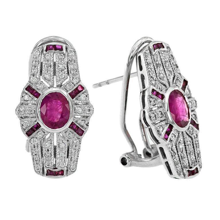 Oval Red Pink Ruby & Diamond Art Deco Style Omega Back 14K White Gold Earrings