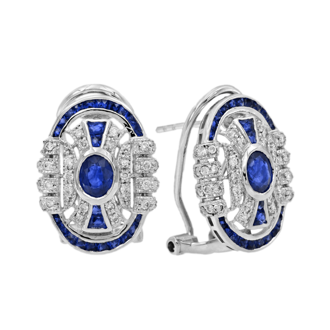 Blue Sapphire &amp; Diamond Art Deco Style Omega 14K White Gold Earrings