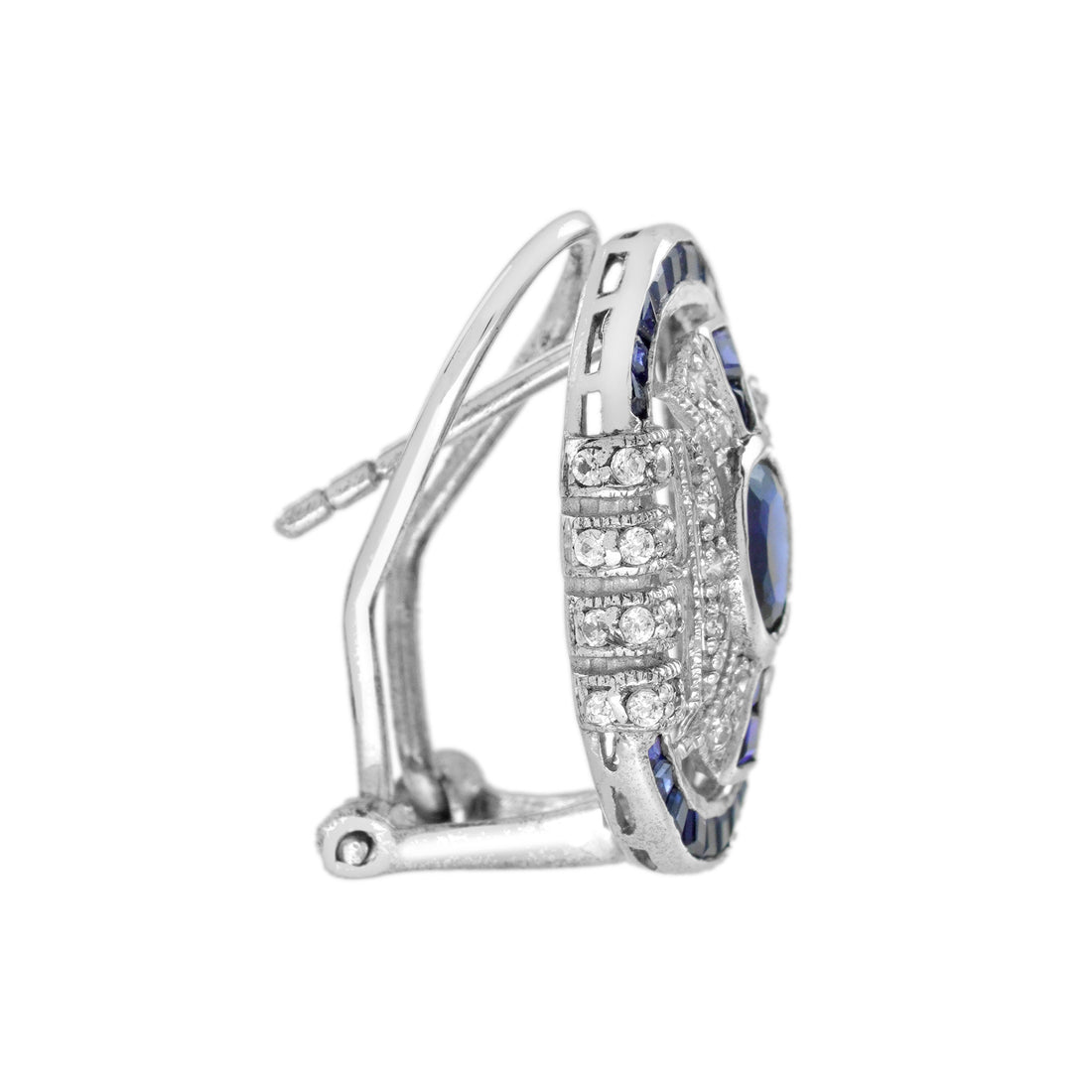 Blue Sapphire &amp; Diamond Art Deco Style Omega 14K White Gold Earrings