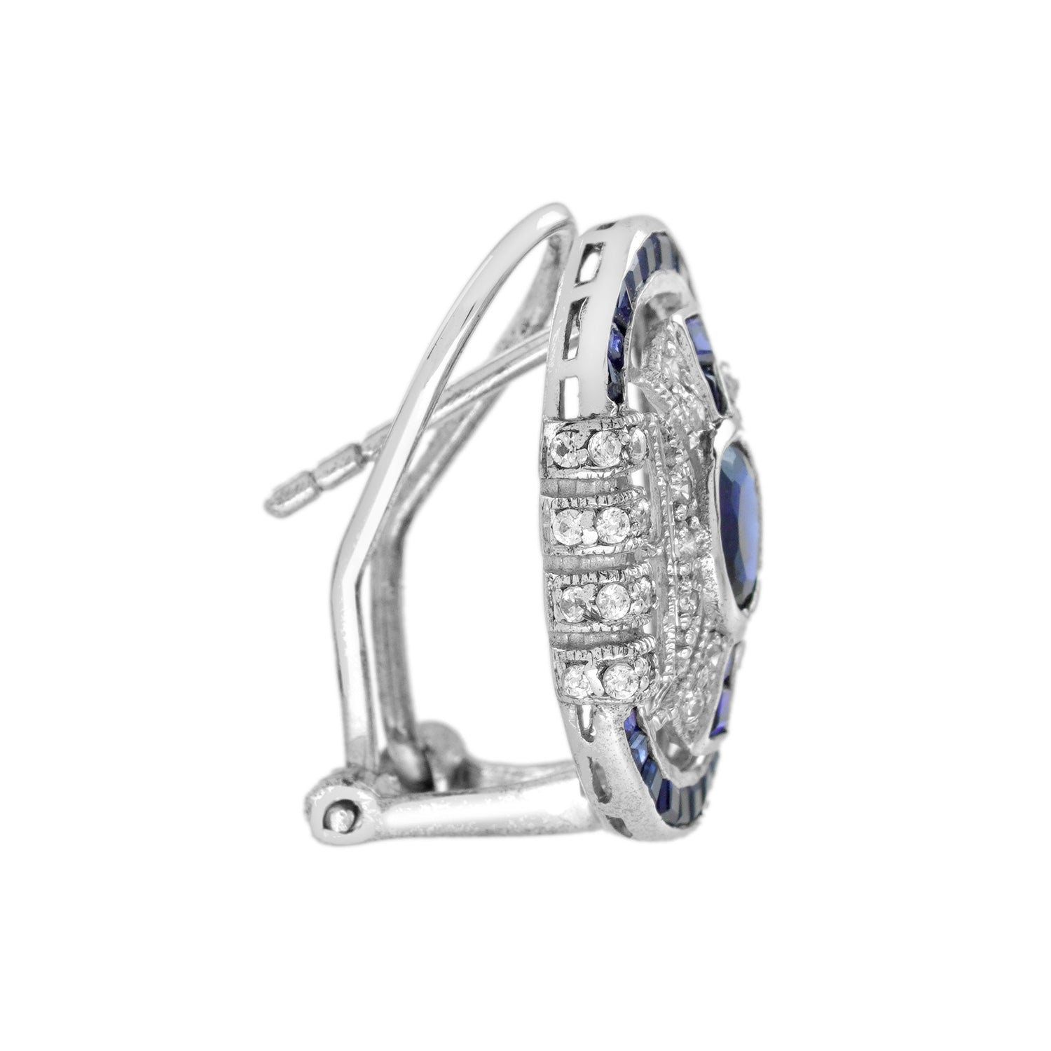 Blue Sapphire &amp; Diamond Art Deco Style Omega 14K White Gold Earrings