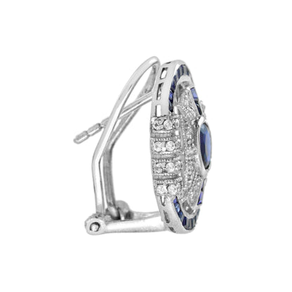 Blue Sapphire &amp; Diamond Art Deco Style Omega 14K White Gold Earrings