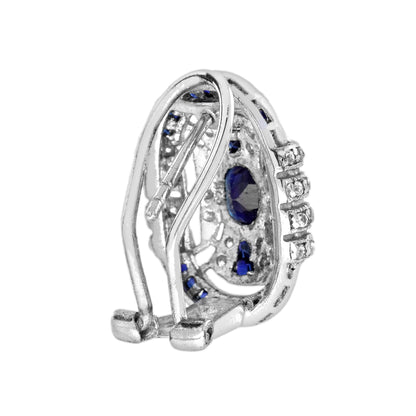 Blue Sapphire &amp; Diamond Art Deco Style Omega 14K White Gold Earrings