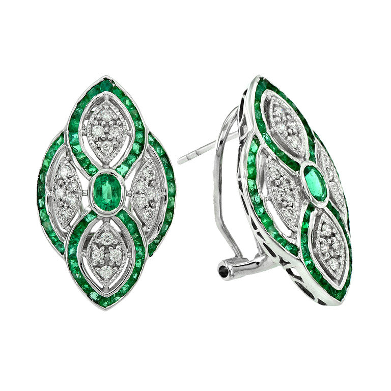 Green Emerald & Diamond Curve Art Deco Inspired Omega Back White Gold Earrings