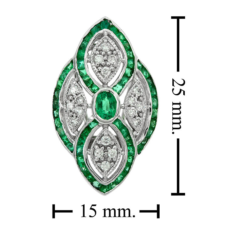 Green Emerald & Diamond Curve Art Deco Inspired Omega Back White Gold Earrings