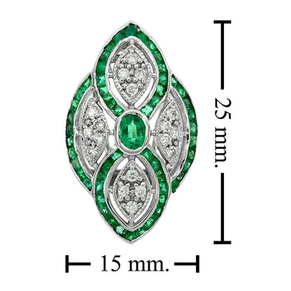 Green Emerald & Diamond Curve Art Deco Inspired Omega Back White Gold Earrings