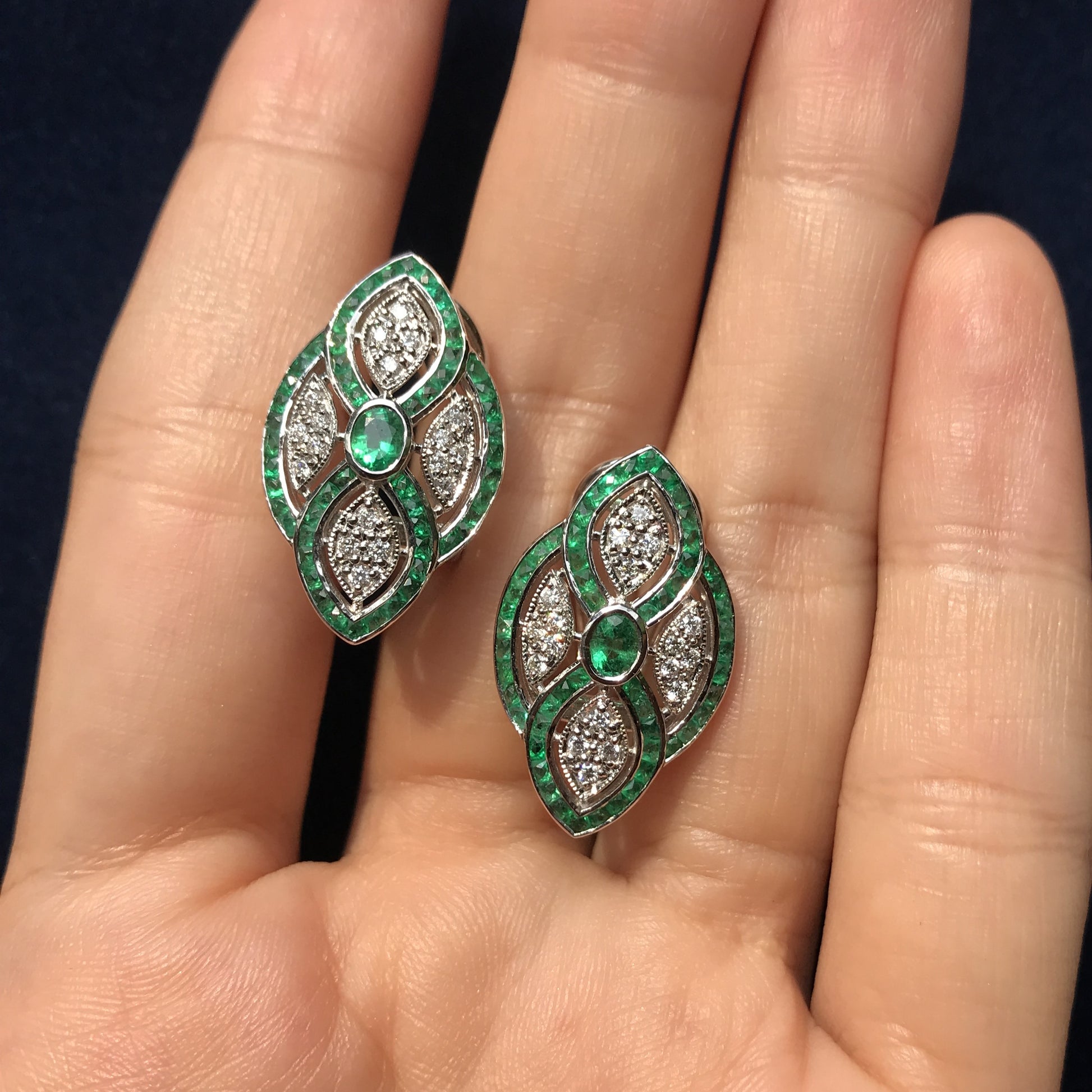 Green Emerald & Diamond Curve Art Deco Inspired Omega Back White Gold Earrings