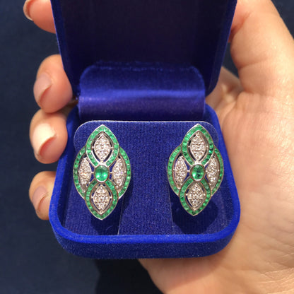 Green Emerald & Diamond Curve Art Deco Inspired Omega Back White Gold Earrings