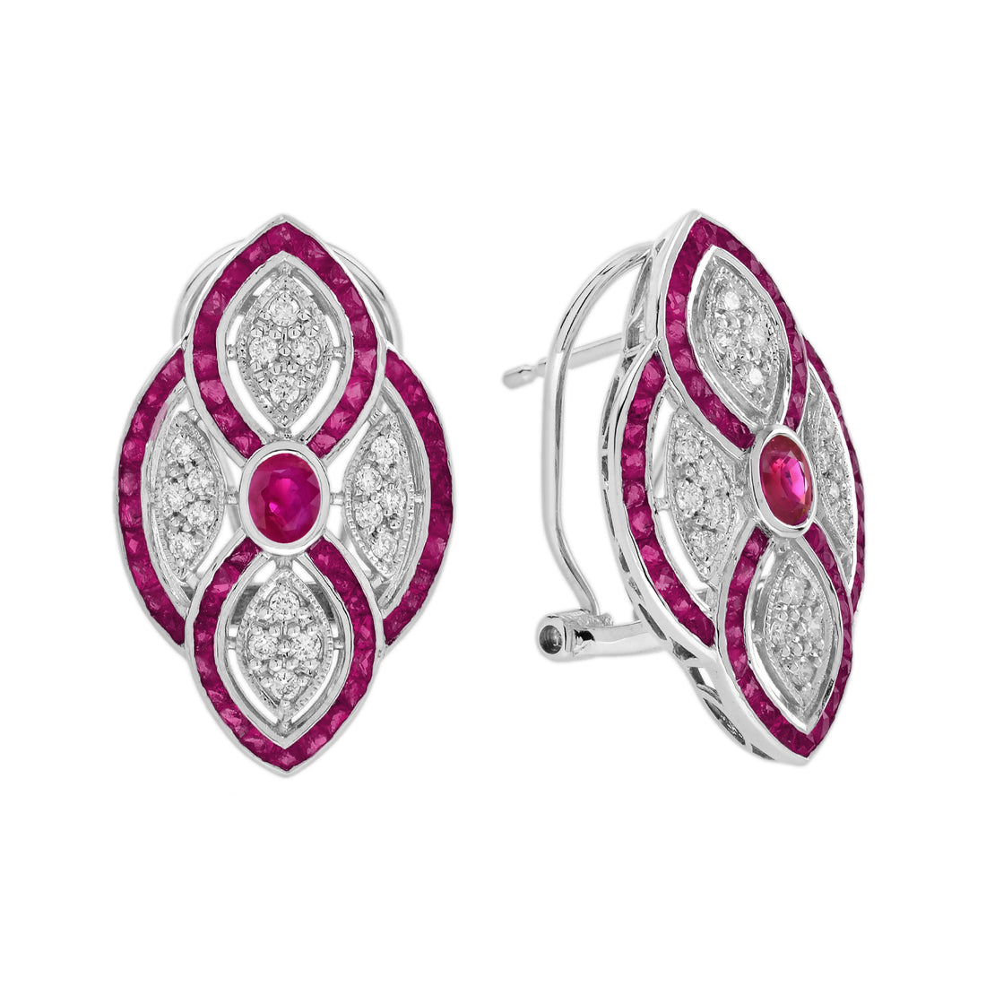 Ruby & Diamond Art Deco Style Lever Back 18K White Gold Earrings